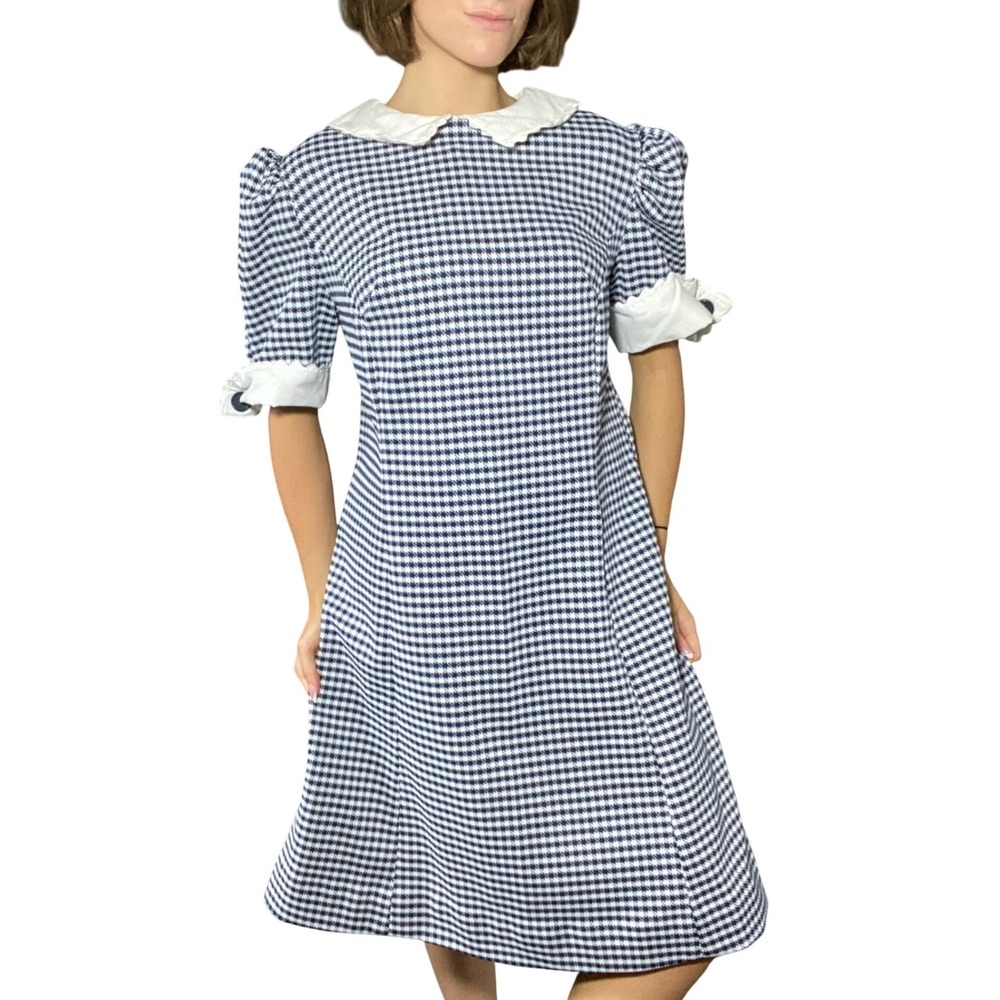Handmade Vintage Navy White Houndstooth Scalloped Collar Dress Kitschy Mod - M/L
